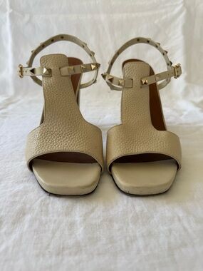 Valentino Cream Leather Studded T-Strap Heels